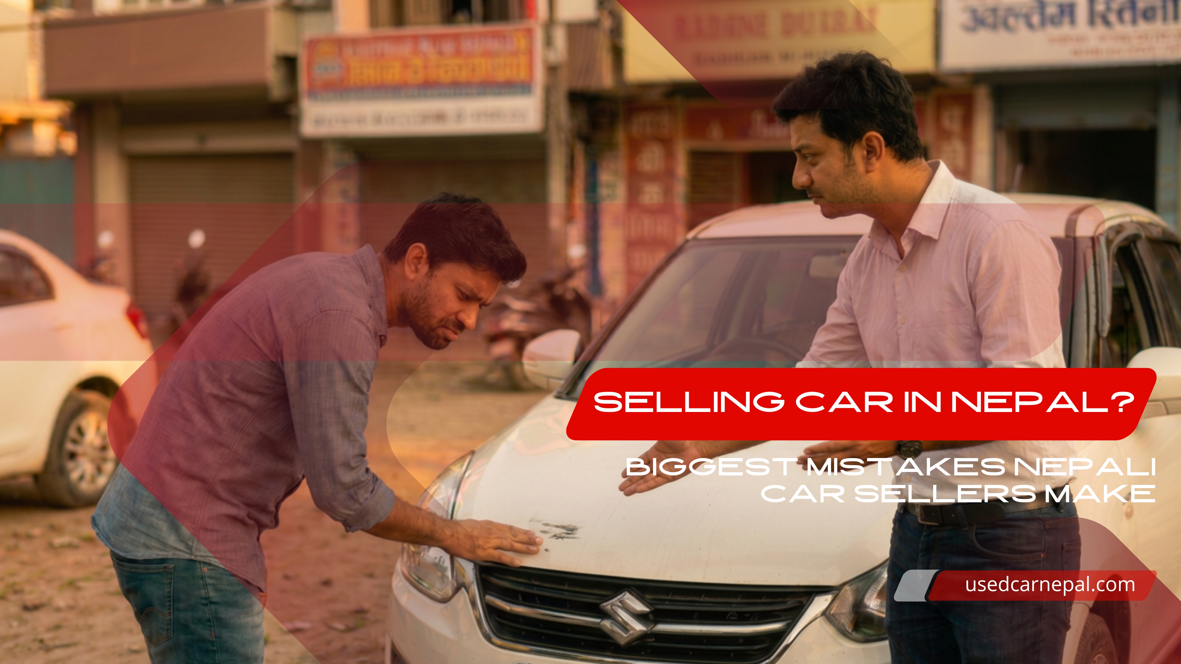 Two Nepali men inspecting a white Suzuki car during a resale discussion in Nepal, highlighting common mistakes sellers make when selling cars in Nepal and used car buying negotiation tips.