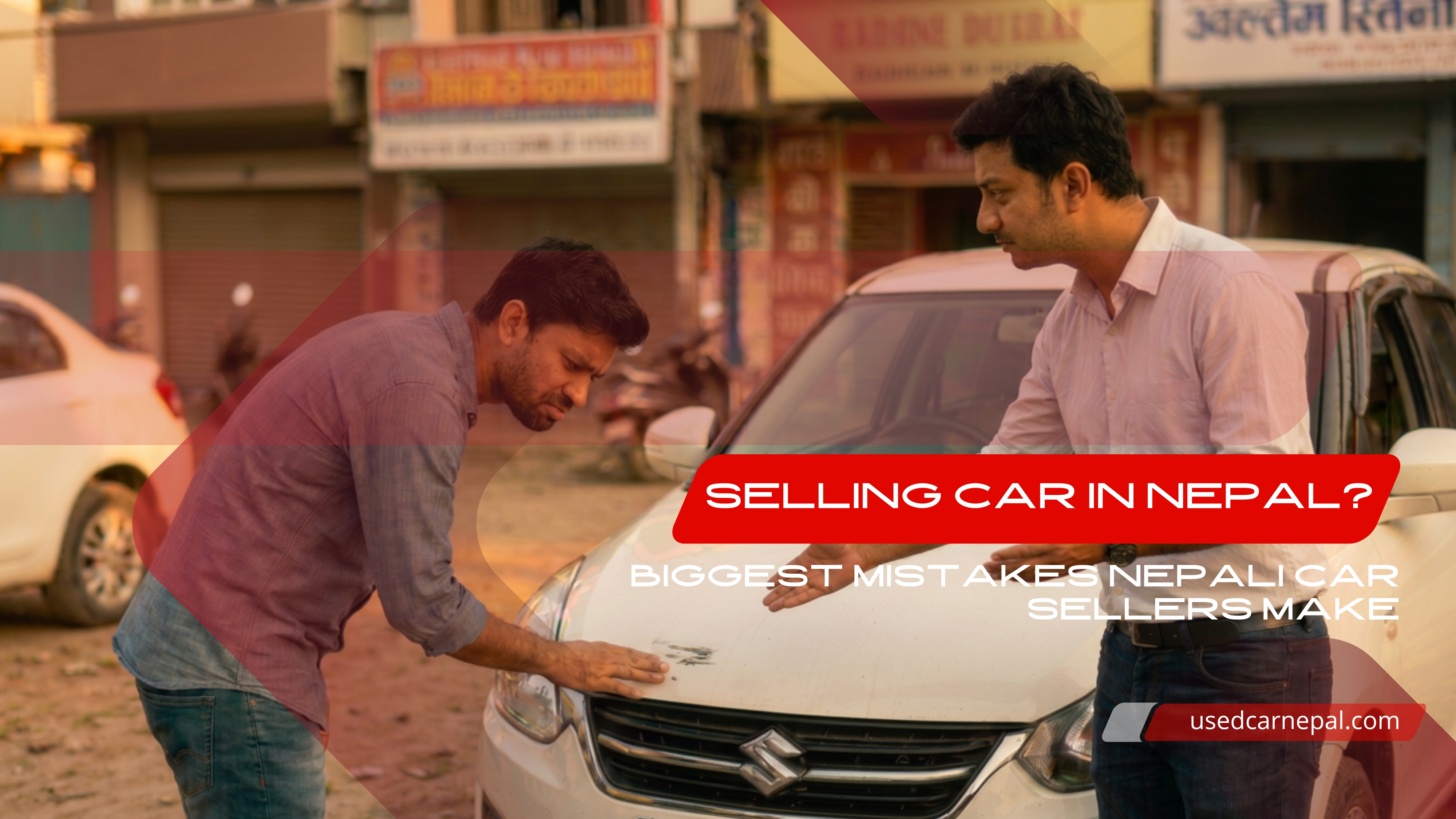 Two Nepali men inspecting a white Suzuki car during a resale discussion in Nepal, highlighting common mistakes sellers make when selling cars in Nepal and used car buying negotiation tips.